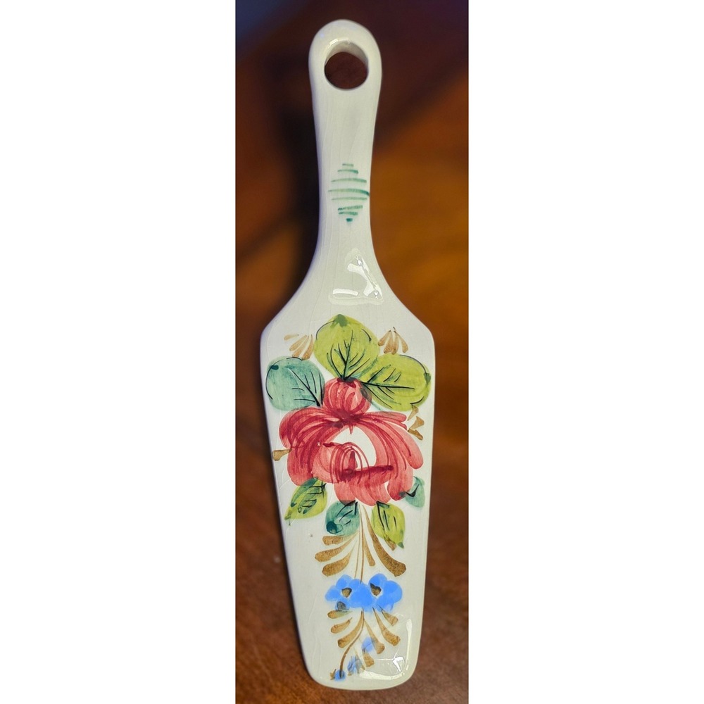 Vintage Italian Ceramic Cake Server Hand Painted Floral Rose Pottery Italy